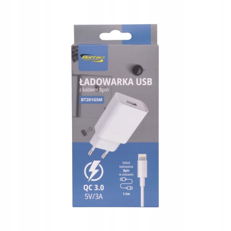 Ładowarka USB QC 3.0 z kablem 8pin – szybkie i bezpieczne ładowanie