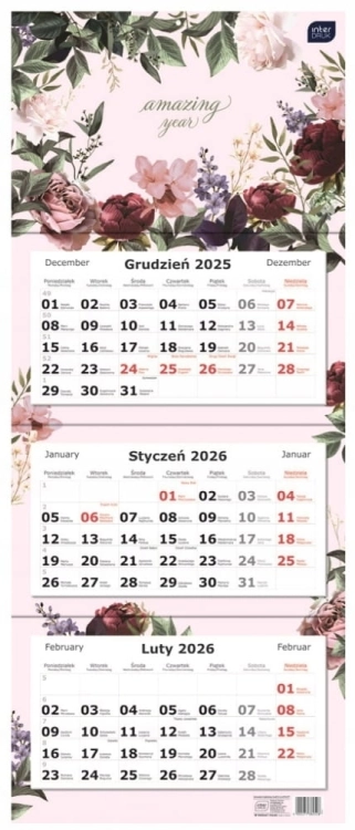 Kalendarz trójdzielny INTERDRUK 2026 – kwiaty, 82,5x34 cm