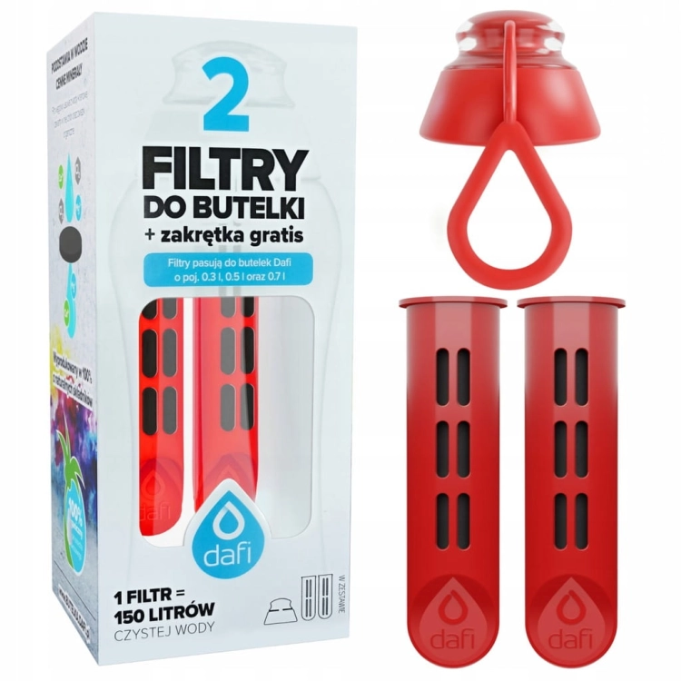 Oryginalny filtr Dafi do butelek 2 szt + nakrętka czerwona makowa