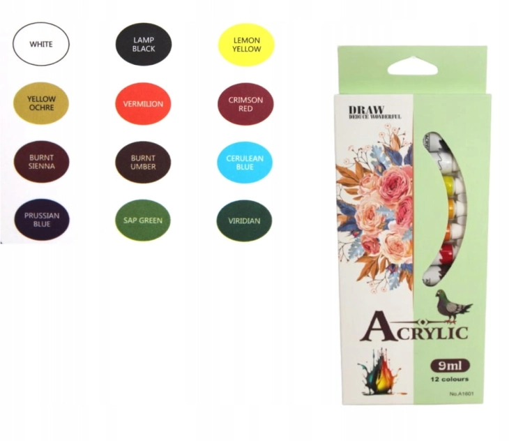 Farby akrylowe 12 kolorów w tubkach 9 ml – zestaw do malowania