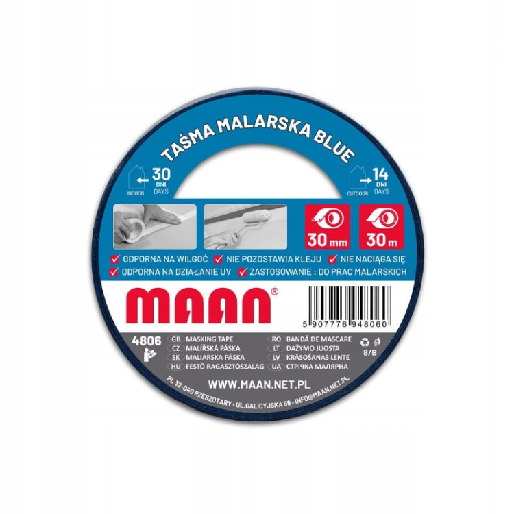 Taśma malarska niebieska 30 mm × 30 m – UV odporna, mocna, bez śladów