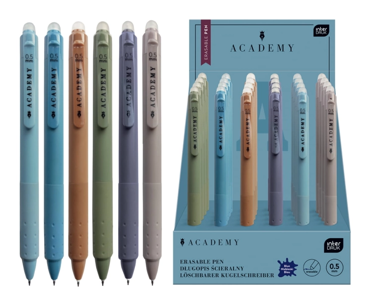 Długopis automatyczny wymazywalny Interdruk ACADEMY 0,5 mm – niebieski tusz, mix kolorów