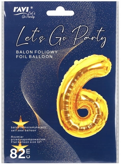 Balon foliowy cyfra 6 złota urodziny 82cm