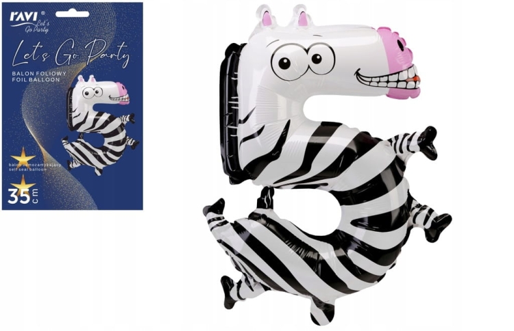 Balon foliowy urodziny party cyfra piątka 5 zebra