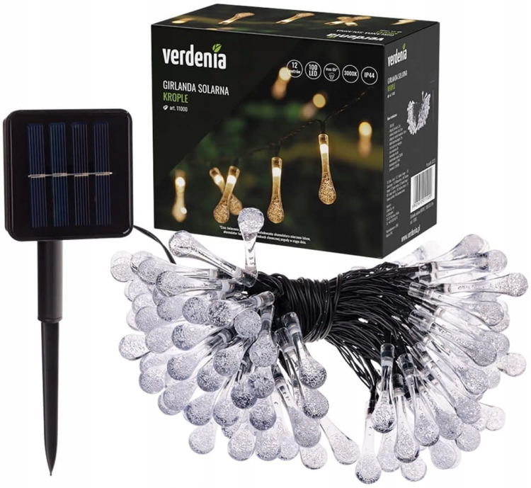 Lampki solarne ogrodowe verdenia girlanda solarna krople 100 led 12 metrów