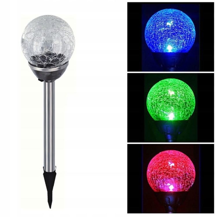 Lampka ogrodowa wbijana SOLARNA KULA szklana 8cm LED ZIMNA + RGB