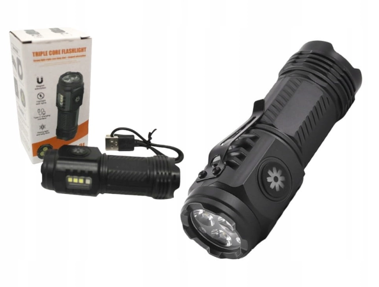 Latarka LED z magnesem+ boczne światło LED 9,5x3 cm czarna
