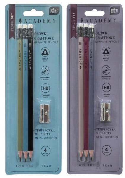 Zestaw piśmienniczy Ołówki grafitowe ACADEMY 3szt + temperówka metalowa