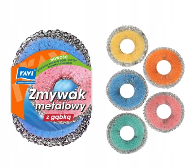 RAVI Zmywak metalowy z gąbką – skuteczne czyszczenie | Mix kolorów