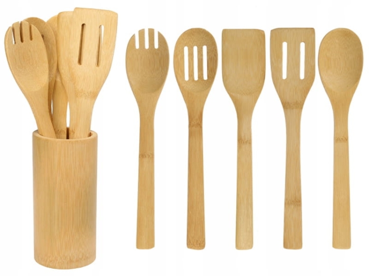 Zestaw przyborów kuchennych z bambusa RAVI – 6-elementowy komplet z drewnianym stojakiem