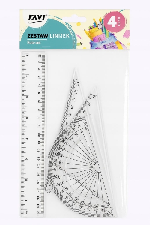Zestaw linijek RAVI 4 el. linijka, kątomierz, 2 ekierki (14 cm i 10 cm)