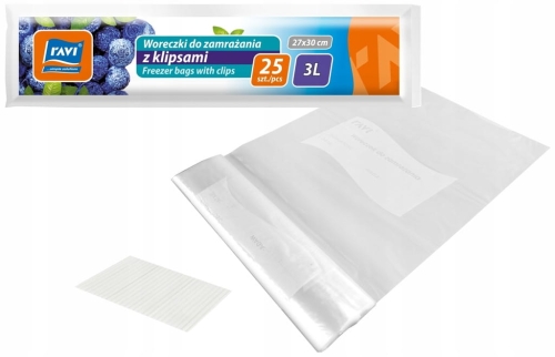 Woreczki do zamrażania RAVI 3L – 25 sztuk z klipsami, mrozoodporne, 27×30 cm
