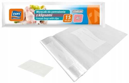Woreczki do zamrażania RAVI 4L – 15 sztuk z klipsami, mrozoodporne, 27×30 cm