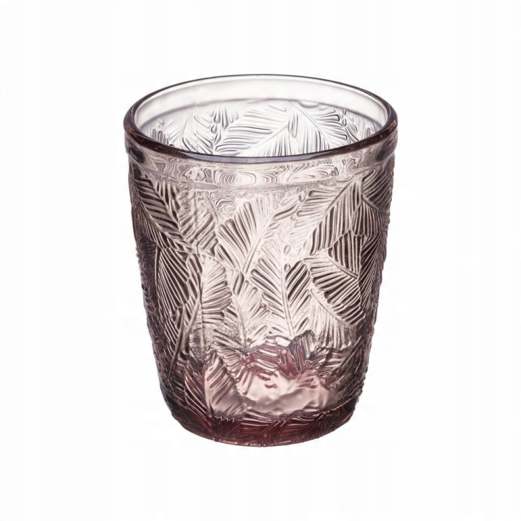 Szklanka niska LEAVES 300 ml – różowa, tropikalny wzór, grube szkło