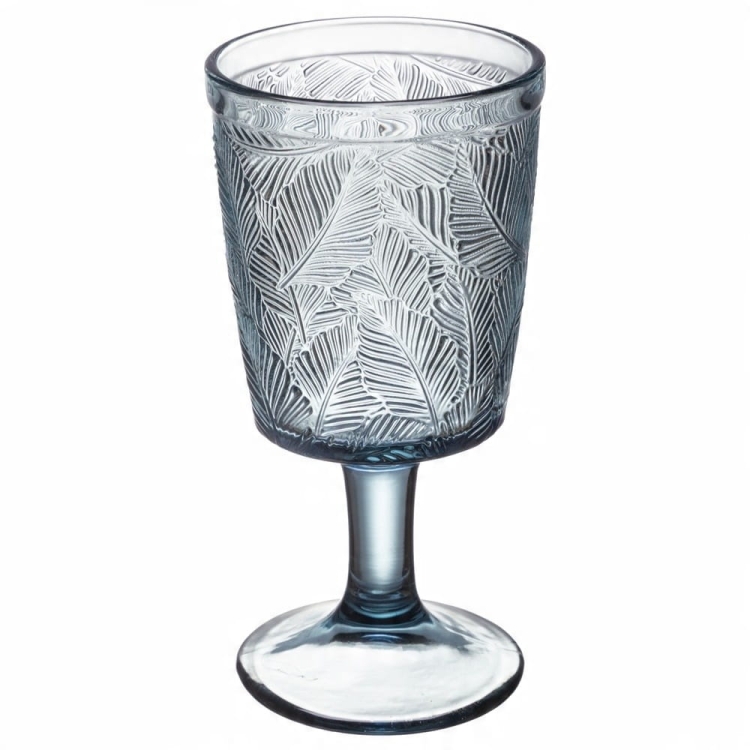 Pokal szklany LEAVES 340 ml – niebieski, tropikalny wzór, grube szkło