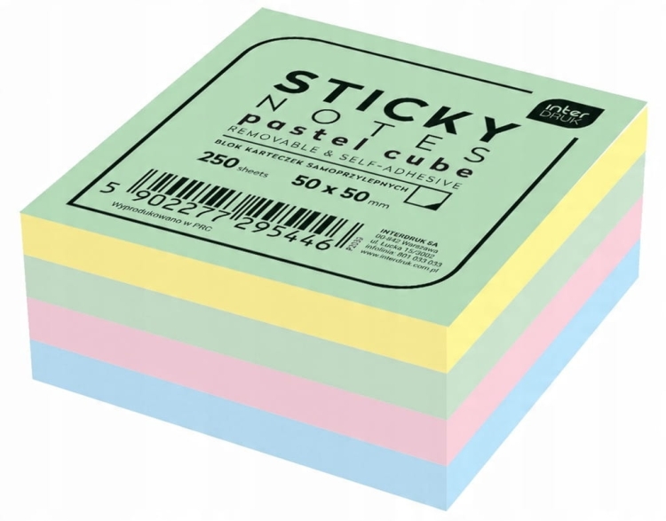 Karteczki samoprzylepne 50x50 mm – 250 sztuk, mix 4 kolorów – wielokrotnego użytku