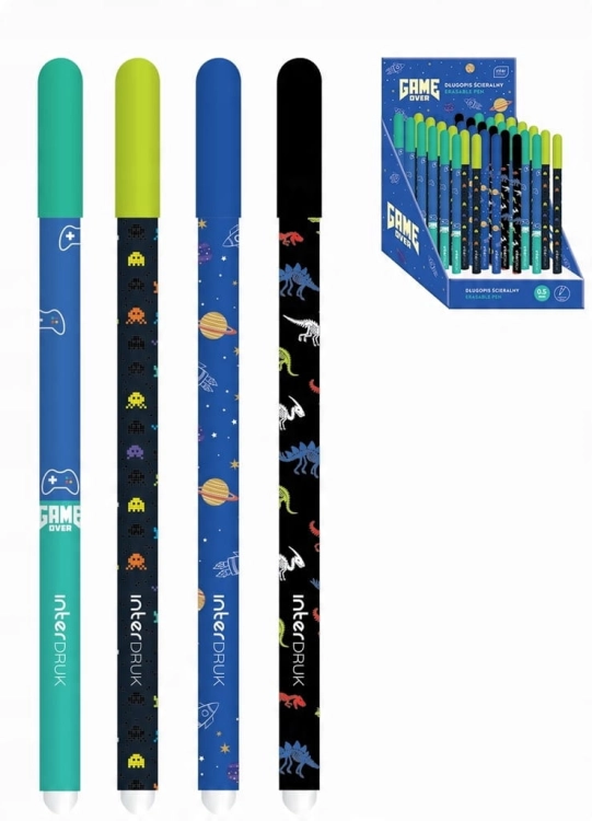 Długopis wymazywalny Interdruk GAME OVER 0,5 mm – niebieski tusz, wzory losowe