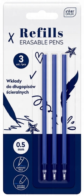 Wkłady do długopisów ścieralnych Interdruk – 3 sztuki, niebieski tusz termoczuły