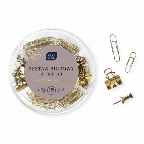 Zestaw biurowy 120 elementów – spinacze, pinezki i klipsy w stylowym złotym kolorze