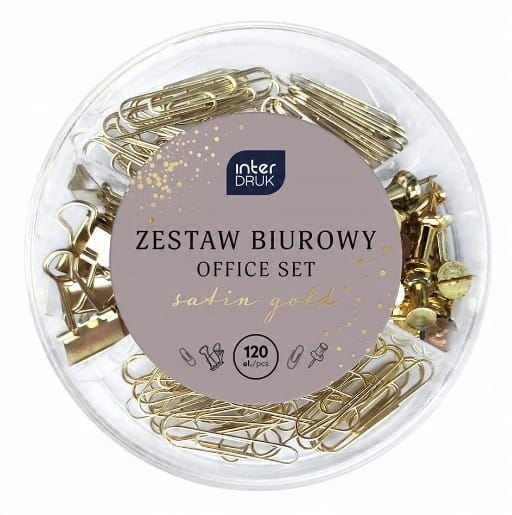 Zestaw biurowy 120 elementów – spinacze, pinezki i klipsy w stylowym złotym kolorze