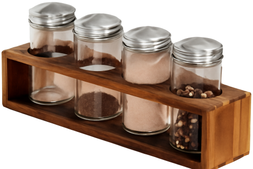 Zestaw 4 Przyprawników W Stojaku Z Drewna Akacjowego