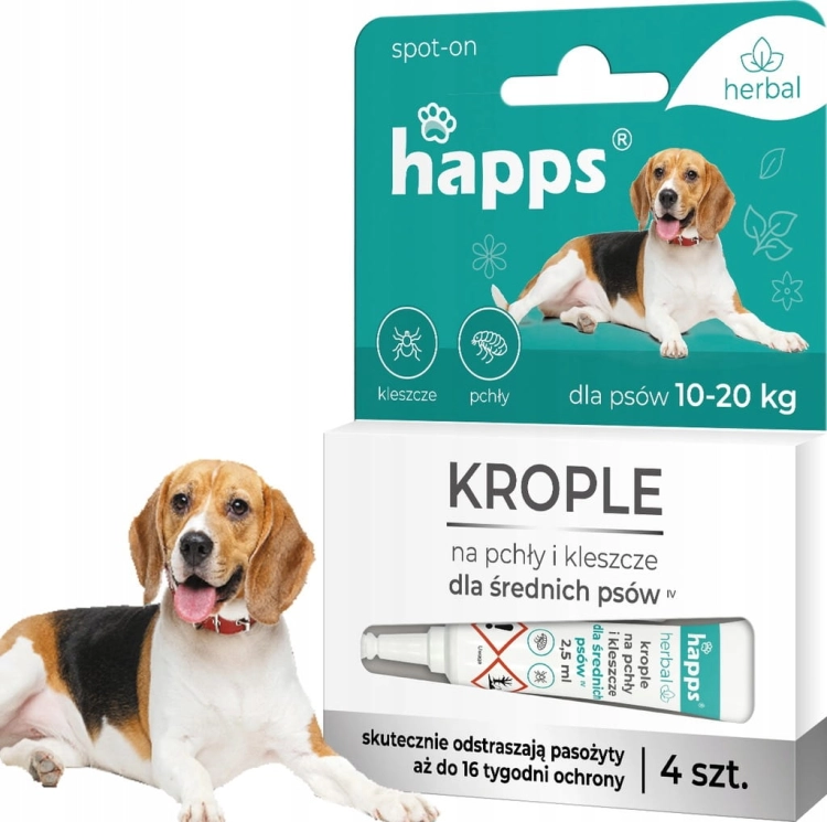 Happs Herbal krople na pchły i kleszcze dla psów 10–20 kg – 16 tygodni