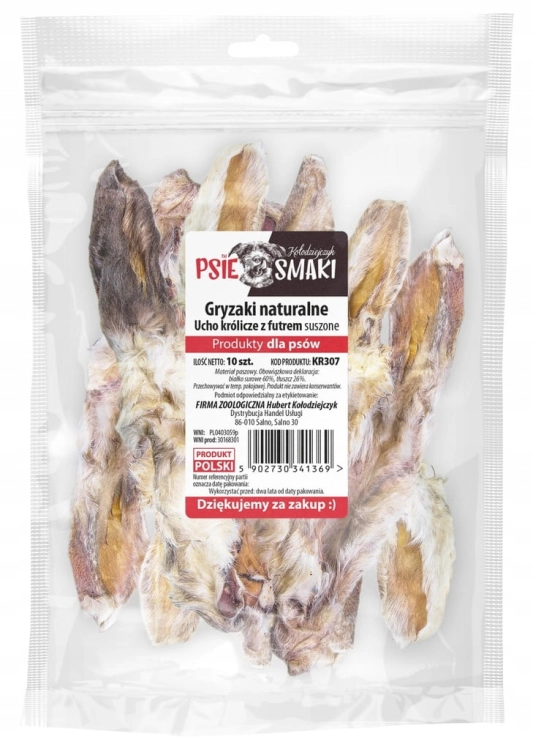Kołodziejczyk Uszy królicze z futrem 100g – naturalny gryzak dla psa