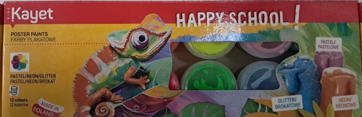 Farbki plakatowe Kayet 12 kolorów – neonowe, brokatowe i pastelowe
